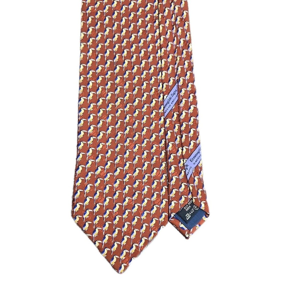 Ermenegildo Zegna Disegno Esclusivo 100% Silk Neck Tie Bird Toucan Print Brown